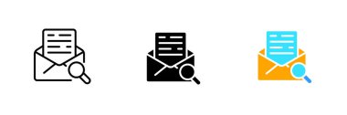 Letter with magnifier. Envelope, message, mail, send, communication, magnifying glass, resume, cv, research. Vector set icon in line, black and colorful styles isolated on white background