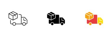 Delivery van icon with box. Home delivery, intercontinental transport. Vector set of icons in line, black and colorful styles isolated on white background.