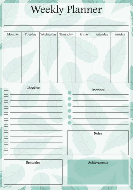 Weekly planner page on mint leaves pastel background. Event, project planner template, budget, schedule, checklist, reminder, notes, priorities. Time management concept. Vector illustration