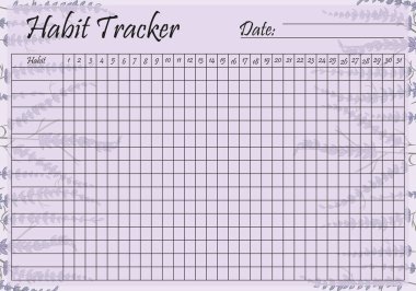 Habit tracker template on pastel lavender background. Monthly planner page. Event, inculcate, schedule, improve yourself, self development, awareness. Time management concept. Vector illustration