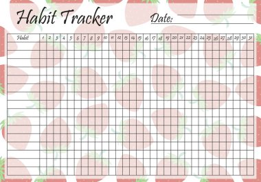 Habit tracker template on pastel strawberry background. Monthly planner page. Event, inculcate habits, schedule, improve yourself, self development, awareness. Time management. Vector illustration