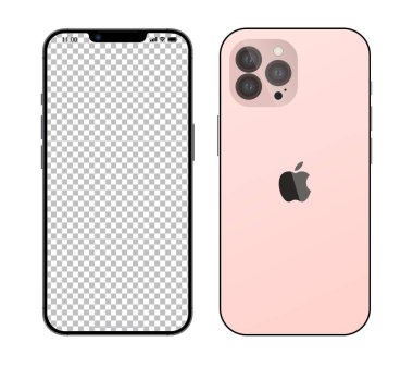 Apple Inc. 'in yeni iPhone 14 maksimum Pembe Rengi. iPhone 14 profesyonel model. Vektör çizimi. Model ekran ve akıllı telefonun arkası. Tam ekran. Apple Inc. Editör