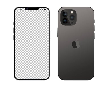 Yeni iPhone 14 maksimum Gray, Apple Inc. 'den siyah renk. iPhone 14 profesyonel model. Vektör çizimi. Model ekran ve akıllı telefonun arkası. Tam ekran. Apple Inc. Editör