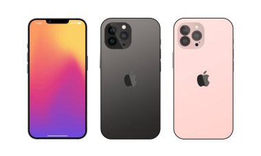 Apple Inc. 'den yeni iPhone 14 maksimum gri ve pembe renk. iPhone 14 profesyonel model. Vektör çizimi. Model ekran ve akıllı telefonun arkası. Tam ekran. Apple Inc. Editör