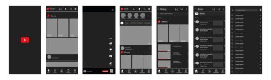 YouTube interface. You Tube screen social media, social network interface template. Homepage, logo, recommendations, subscription, profile. Stream, stories, liked, screenshot. Editorial