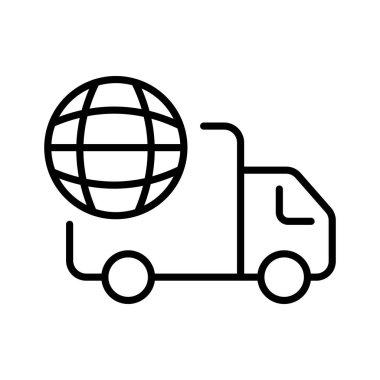 Cargo van line icon. Food delivery, pizza, mail, truck, garbage disposal, car, box, delivery, fragile goods. Delivery concept. Vector line icon on white background