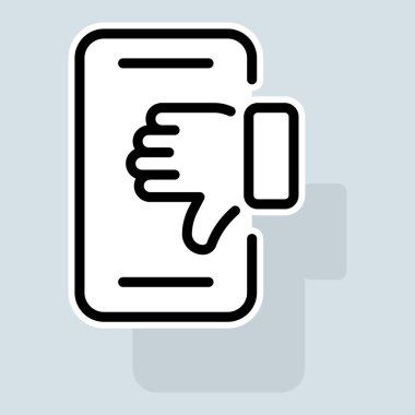 Phone with dislike line icon. Like, dislike, box, rate the service, clipboard with checkmark, rating, stars, clipboard with thumbs up. Feedback concept. Vector sticker line icon on white background