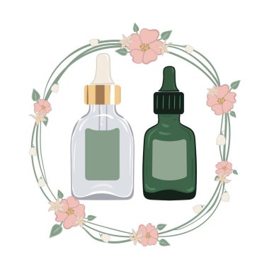 Kahverengi ve şeffaf cam şişeli serumlar. Çiçek çelenginde vektör illüstrasyonu