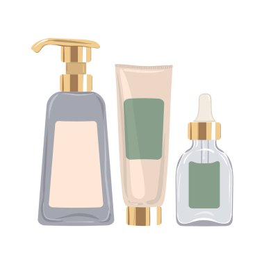 Dispanser ile kozmetik losyon, lüks tüpte nemlendirici krem ve şeffaf cam şişede damlatan serum. Vektör illüstrasyonu