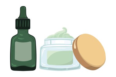 Yeşil cam şişeli serum ve şeffaf cam kavanozda besleyici yeşil yüz kremi. Vektör illüstrasyonu