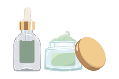 Cam şişede damlatan serum ve şeffaf cam kavanozda besleyici yeşil yüz kremi. Vektör illüstrasyonu