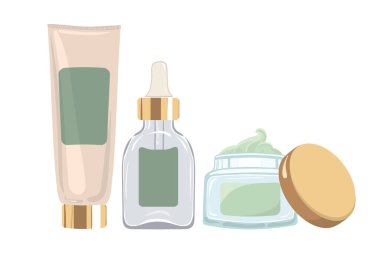 Nemlendirici krem, şeffaf cam şişeli serum ve besleyici yeşil yüz kremi. Vektör illüstrasyonu