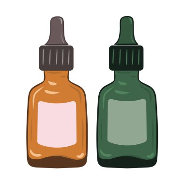 Kahverengi ve yeşil cam şişeli serumlar. Vektör illüstrasyonu