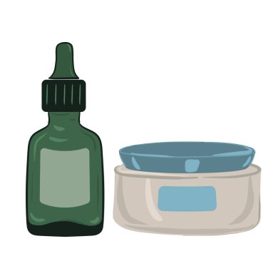 Serum with dropper in green glass bottle and Moisturizing cream in luxury jar. Vector illustration clipart