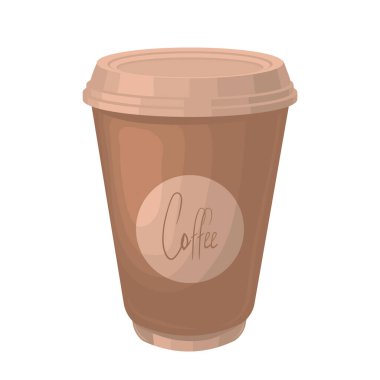 Kahverengi kağıttan bir kahve fincanının vektör çizimi. Üzerinde beyaz kahve yazıyor. Vektör illüstrasyonu