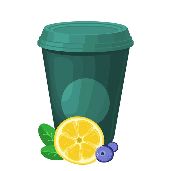 Vector Illustration Green Paper Cup Design Featuring Mint Leaves Lemon — Stock Vector
