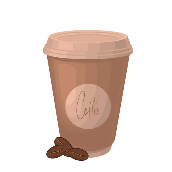 A vector illustration of a brown paper coffee cup with a design featuring coffee beans. Vector illustration