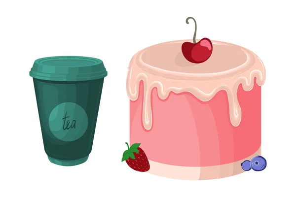 Векторный Набор Зеленой Бумажной Чашки Чая Маленький Торт Вишней Сверху — стоковый вектор