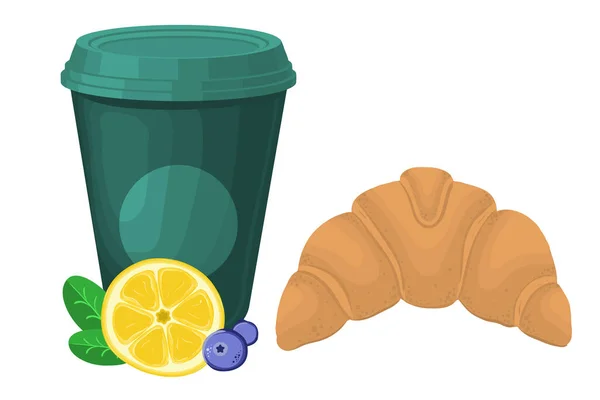 Sebuah Ilustrasi Vektor Secangkir Teh Dengan Irisan Lemon Dan Croissant - Stok Vektor