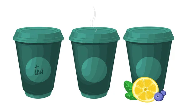 Vector Set Icons Featuring Green Paper Cups Different Designs Patterns — Stock Vector
