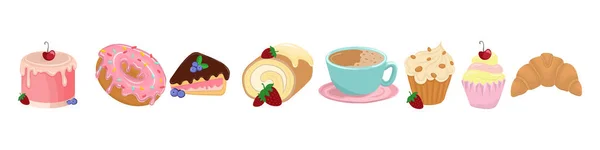 Векторный Набор Иконок Различными Сладкими Лакомствами Такими Пирожные Кексы Сладкие — стоковый вектор