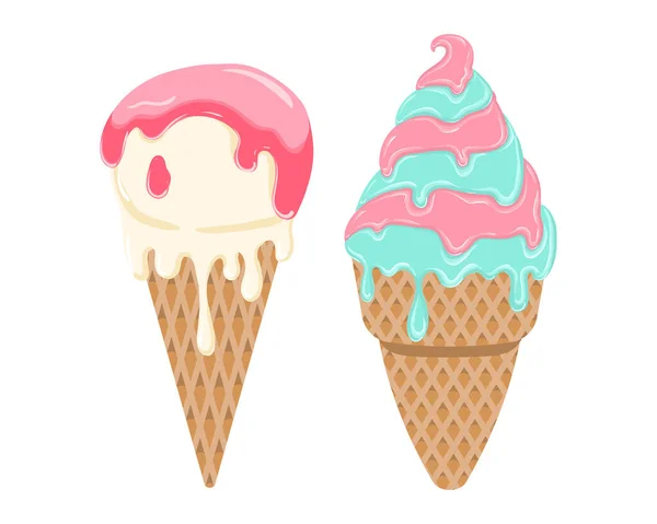 Une Image Vectorielle Deux Cônes Crème Glacée Avec Glaçage Chocolat — Image vectorielle