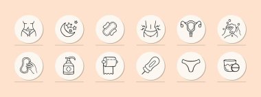 Menstruation icon set. Period products, menstrual cycle, pad, tampon, menstrual cup. Period pain concept. Pastel color background. Vector line icon for Business clipart