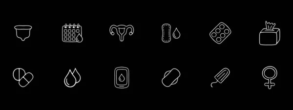 Conjunto Iconos Menstruación Productos Menstruales Ciclo Menstrual Calambres Almohadillas Tampones — Vector de stock