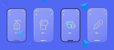 Kişisel hijyen ürünlerini temsil eden vektör simgeleri. Hijyen, temizlik, kişisel bakım, sabun. Glasmorfizm tarzı. Ui telefon uygulaması