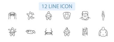 Kilo Verme Simgesi için çalışmalar. Vasküler sorunlar, obezite, kilo verme eğitimi, aşırı kilo. Vektör 12 satır simgesi