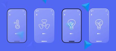 Yeşil Enerji Simgesi. Radyoaktif tehdit işareti, termometre, ampul, filizlenme. Glasmorfizm tarzı. Ui telefon uygulaması