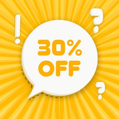 30 indirimli pankart. Konuşma balonu ve 30 mesaj. İş konsepti. 3 boyutlu illüstrasyon. Pop sanat tarzı. İş için vektör satırı simgesi