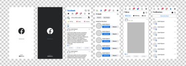 Facebook design. Screen social media, social network interface template. Homepage, recommendations, subscriptions, communication. Screenshots from iPhone. Stories, liked. Editorial illustration
