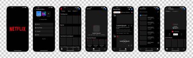 Netflix arayüzü. Netflix ekran sosyal medya, sosyal ağ arayüzü şablonu. Web sayfası, netflix, yeni ve seksi, abonelik, profil. Mezuniyet geçmişi. Iphone 14 ekran. Yazı