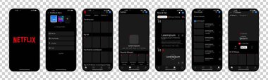 Netflix interface. Netflix screen social media, social network interface template. Homepage, netflix, new and hot, subscription, profile. Gradient background. Iphone 14 screen. Editorial