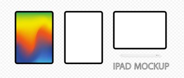 Açık mavi arka planda Apple kalem stili iPad modeli. Ipad 12 profesyonel maksimum, Mini, Air, Pro modeller. IOS, IPadOS, grafik tablet, akıllı cihaz şablonu. Apple Inc. Editör