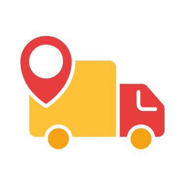 GPS yön bulma çizgisi simgesi olan bir teslimat minibüsü. Hızlı teslimat, çevrimiçi mağaza, taşımacılık. İş için beyaz arkaplan üzerindeki vektör renkli simge