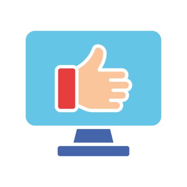 Baş parmak çizgi simgesi olan monitör. Onay, jest, ekran, cihaz, plazma TV. İş için beyaz arkaplan üzerindeki vektör renkli simge