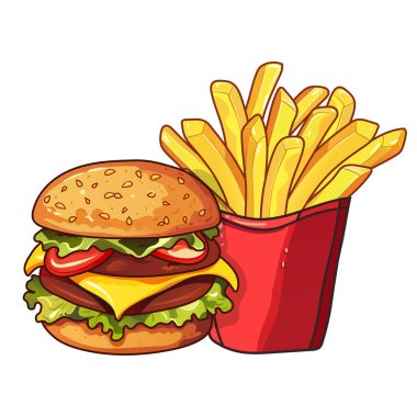 Çift pirzolalı hamburger ve kırmızı karton kutuda patates kızartması. Çizburger, sığır pirzolası, marul, domates, sos. Fast food, sokak yemeği, hazır yemek, lezzetli yemek, sulu katmanlar, kızarmış patates.