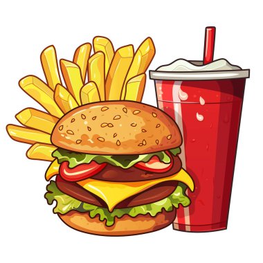 Çizburger, kola ve patates kızartması. Burger, duble pirzola, çedar, kırmızı bardakta buzlu soğuk içecek kapağı ve saman, kızarmış cips, bardağın üzerine bir damla yoğuşma. Fast food, sokak, paket servis.