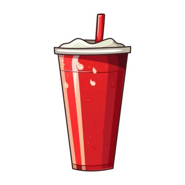 Kırmızı çizgili bardakta kola, kapaklı ve pipetli. Buzlu soğuk içecek, bardakta yoğuşma, içecek, paket, fast food, karbonat, kola, kokteyl.