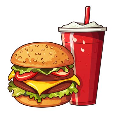 Cheeseburger ve kola. Burger, duble pirzola, çedar, kırmızı bardakta buzlu soğuk içecek, kapağı ve samanla, bardağın üzerinde yoğunlaşma, içecek. Fast food, sokak, paket servis, lezzetli, lezzetli