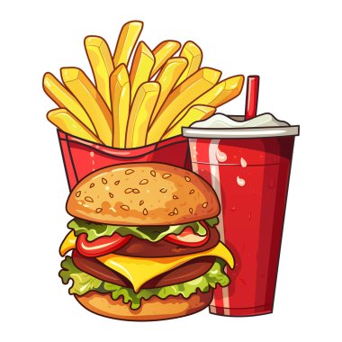 Kırmızı kutuda çizburger, kola ve patates kızartması. Burger, duble pirzola, çedar, kırmızı bardakta buzlu soğuk içecek kapağı ve saman, kızarmış cips, bardağın üzerine bir damla yoğuşma. Fast food, paket servis.