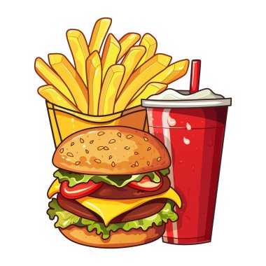 Sarı kutuda çizburger, kola ve patates kızartması. Burger, duble pirzola, çedar, kırmızı bardakta buzlu, kapaklı ve samanlı soğuk içecek, kızarmış cips, bardağın üzerine bir damla yoğuşma. Fast food, paket servis.