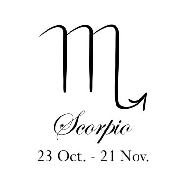 Adı ve tarihleri olan akrep burcu. 12 burçlu yıldız falı. 23 Ekim 'den 21 Kasım' a. Astroloji, falcılık, takımyıldız, yükseltici, sahte bilim, doğum haritası. İtalik biçim