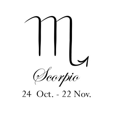 Adı ve tarihleri olan akrep burcu. 12 burçlu yıldız falı. 24 Ekim 'den 22 Kasım' a. Astroloji, falcılık, takımyıldız, yükseltici, sahte bilim, doğum haritası. İtalik biçim