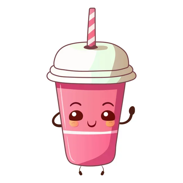 Cute Cartoon Cup Straw Lid Pink Cardboard Plastic Smiling Blush — Stock Vector