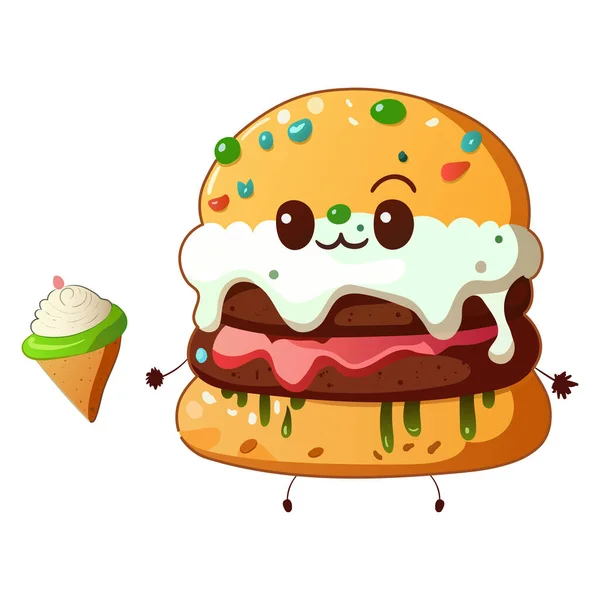 Aranyos Rajzfilm Hamburger Fagylalttal Burger Dupla Szelet Lédús Sok Szósz — Stock Vector