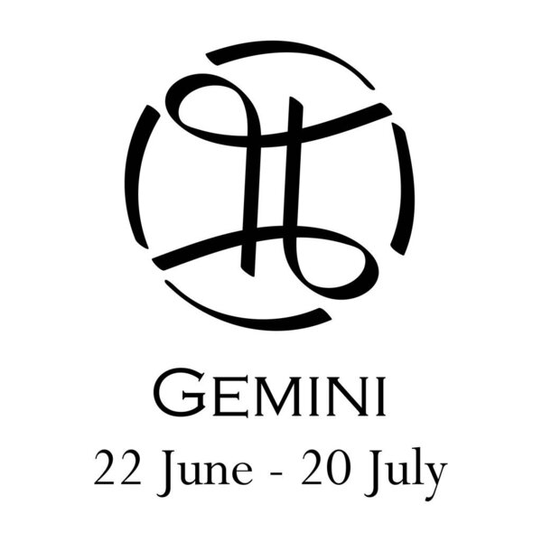 Gemini with name and dates. New horoscope with 13 zodiac signs. From June 22 to July 20. Astrology, fortune telling, constellation, stars, ascendant. Casual style with black strokes