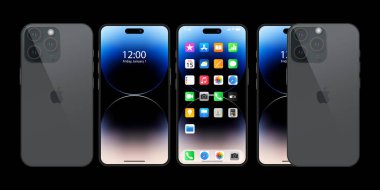 Yeni siyah Iphone 15, promax. Gri Elma inc. ios 17 ile akıllı telefon. Kilitli ekran, telefon navigasyon sayfası, 47 popüler uygulamalı ana sayfa. Resmi sunum. Yazı.